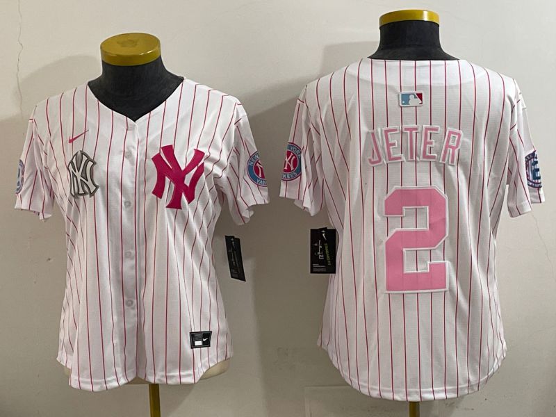 Women 2025 New York Yankees 2 Jeter White pink Joint Name Nike MLB Jersey style 2